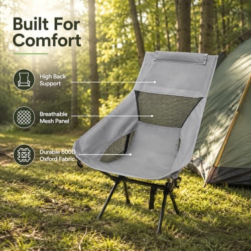 HomlyPro High Back Camping Chair with Wide Feet & Carry Bag, Pack of 1 - Ultra Lightweight & Compact Foldable Chair for Adults, Ideal for Beach, Garden, Picnic, Fishing & Travel (Grey) — view 4
