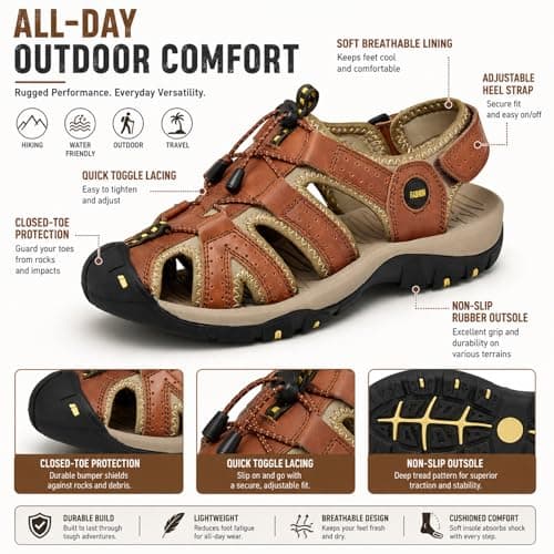 Hixingo Men's Sandals Closed Toe Wide Fit Size 5-13 UK, Leather Sandals for Men Summer Beach Slippers with Adjustable Drawstring Lightweight Non-Slip Sole for Walking Holiday (Blue,8) — view 6
