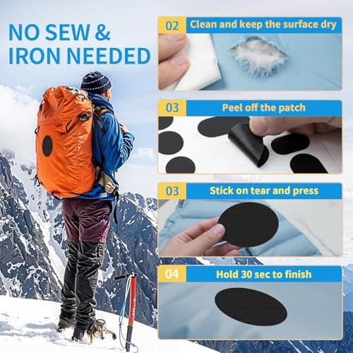 Skystuff 24PCS Self-Adhesive Nylon Repair Patches for Tent, Down Jacket, Clothing & Puffer Coat - Heavy Duty Waterproof Fabric Tape Repair Kit for Outdoor Gear, Sleeping Bag, Backpack, Black — view 4