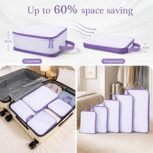 Travel Compression Packing Cubes – 6 Set Recycled Ripstop Nylon Suitcase Organiser, Space Saving Expandable Luggage Cubes with Shoes Bag, Zippers, Tear Resistant (purple, 6) — view 2