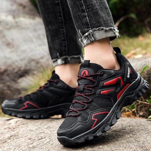 Mufanton Hiking Boots Mens Walking Boots Non-Slip Outdoor Mountain Trekking Shoes Lightweight Travelling Backpacking Camping Footwear Sneaker,Black red,EU44 — view 2