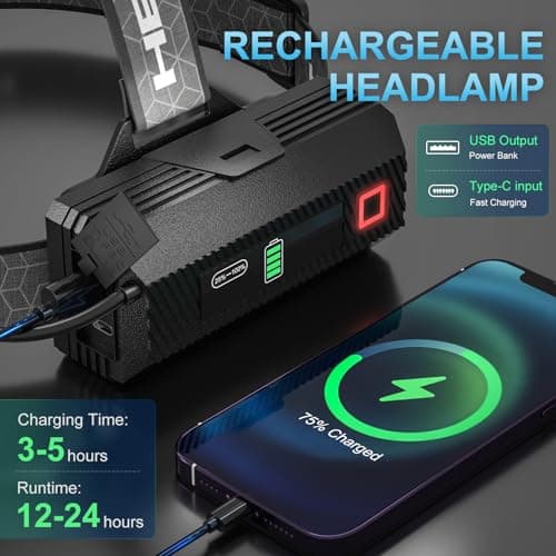 FYONIO Rechargeable Head Torch, 3,000 Lumens Super Bright LED Headlamp with Motion Sensor, 9 Modes Waterproof Headtorch, Zoomable Headlight, 90° Adjustable Lamp for Camping, Hiking, Work & Fishing — view 6