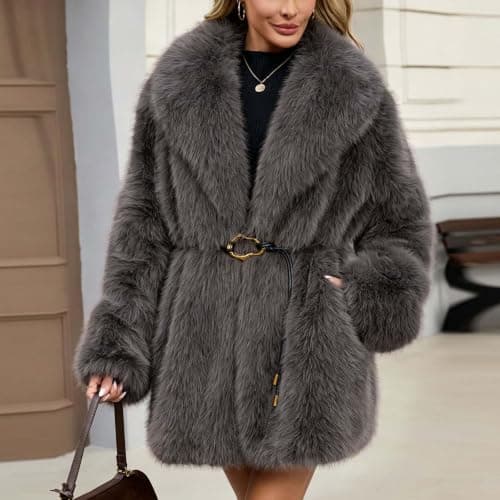 Dark Gray Womens Faux Fur Coat Lapel Belted Warm Winter Jacket XXL — view 2