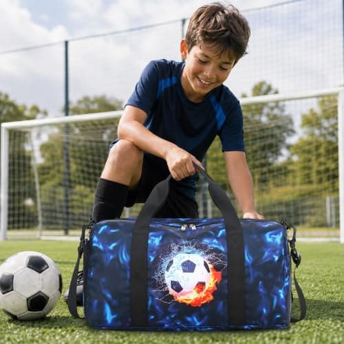 Kids Duffle Bag Girls Overnight Travel Sport Gym Bag Weekender Carry On Shoulder Bag with Shoe Compartment & Wet Pocket, Football Black Blue, L, Kids Duffle Bag — view 2