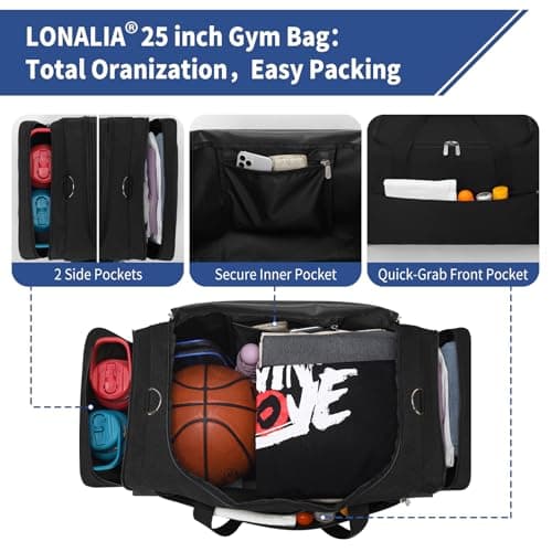 LONALIA 54L Large Holdall Duffle Bag for Men - 25 inch Weekend Overnight Bags for Travel Gym Sports (Black) — view 3