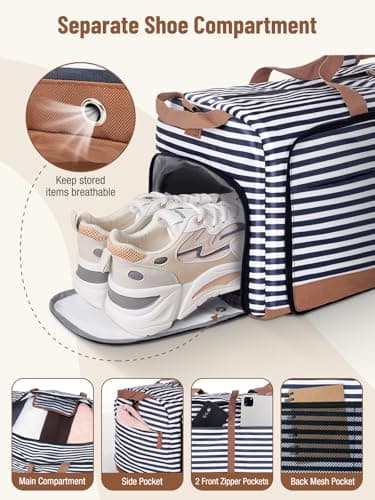 Lekesky Large Foldable Travel Duffe Bag - 60L Waterproof Holdall Luggage Bag with Shoes Compartment, Weekend Overnight Sports Bag for Women and Men(Striped, 63 * 30 * 28cm) — view 4