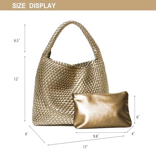 Dyalsa Women 2PCS Woven Tote Bag, Gold Leather Handbag Large Summer Beach Bag and Purse Handmade Hobo Bag Clutch Bag Set AL-010GD — view 4