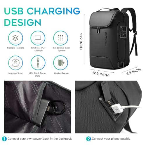 BG Men's Anti-Theft Backpack,Waterproof Fashion Travel Backpacks,High Tech Backpack with USB 3.0 Charging Port,Business Laptop Backpack Fits 17.3 Inch Notebook — view 2