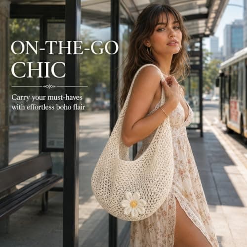 GEEKPC Woven Mesh Beach Tote - Women's Summer Holiday Shoulder Handbag with Daisy Applique, Lightweight Foldable Spacious Boho Accessory for Travel, Shopping, Beach Outings, and Daily Use (White) — view 6