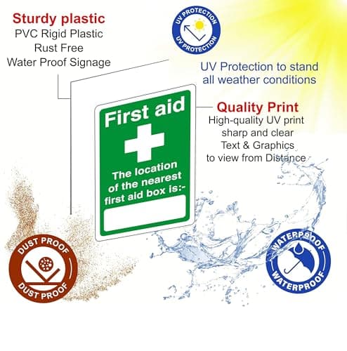 First aid the location of the nearest first aid box is - safety sign - 1.2mm Rigid plastic for indoor/outdoor usage (200mm x 150mm) Viewing Distance within 5m. — view 4