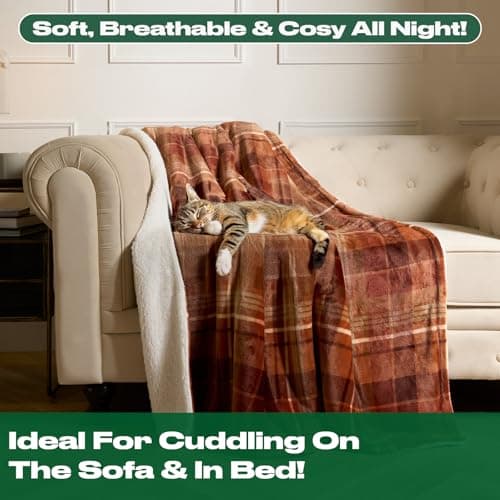 OHS Fleece Blanket Burnt Orange Throw, Super Soft Warm Super Soft Cosy Warm Winter Felix Tartan Flannel Throw Blanket for Bed Couch Reversible Sherpa Fleece Blanket Autumn Throw, Rust - 130 x 160cm — view 4