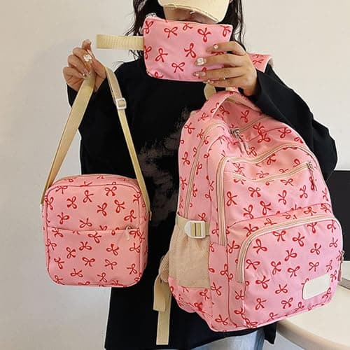 Pink Boys Girls School Bag 3Pcs Set Kids Backpack Cute Bow School Bags Large Capacity Schoolbag with Crossbody Bag Handbag Nylon Aesthetic Rucksacks for Teenagers College Primary Secondary Age 6-18 — view 5