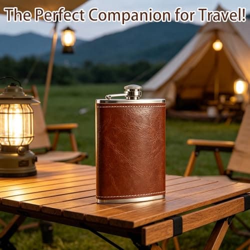 Stainless Steel Hip Flask, 8 oz Flask Alcohol Leak-Proof Portable Pocket Whisky Flasks with Brown Leather Surface for Men & Women Camping, Climbing, Travel and Gifting — view 3