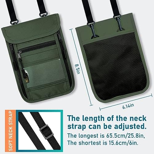 sundee Travel Neck Wallet with Double Zippers, RFID Blocking Passport Holder with Adjustable Neck Strap for Men and Women to Keep Cash, Credit Cards and Travel Documents Safe, Olive Green, Small, — view 5