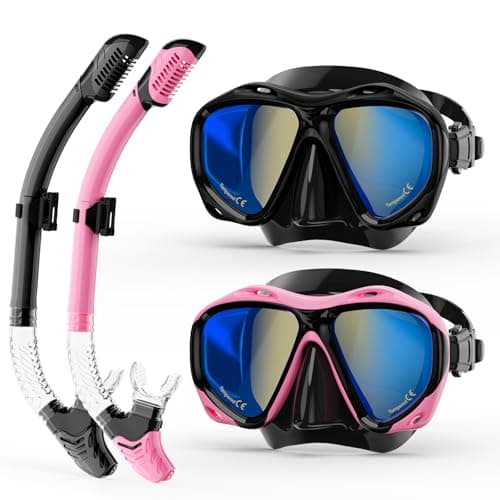 Snorkeling Gear for Adults, Snorkel Mask With Mirrored Tempered Glass Lens 180° Wide View Anti-Fog Scuba Diving Mask, Professional Snorkel Set for Swimming Diving (Black+Pink)