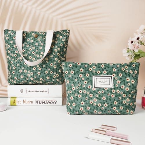 Aucuu Floral Canvas Cosmetic Bags, 2 Pcs Rose Flower Printing Corduroy Toiletry Bag, Multifunctional Travel Makeup Bag With Metal Zipper for Women Girls Gift - Green Flower — view 4