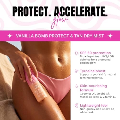 2bTanned Protect & Tan SPF 50 Dry Tanning Oil (100ml Travel Size), 2in1 Tanning Accelerator and Sunscreen with Tyrosine and Vitamin E, Nourishing Coconut & Jojoba Oil, UVA & UVB, Vanilla Bomb — view 2