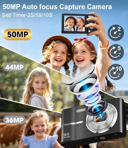 EJXHKNF Digital Camera, 1080P FHD Vlogging Camera 50MP Compact Portable Photo Camera with 2.4" Screen, 16X Digital Zoom Mini Small Pocket Camera for Kids Students with 1 Battery, 16GB Card (Black) — view 3