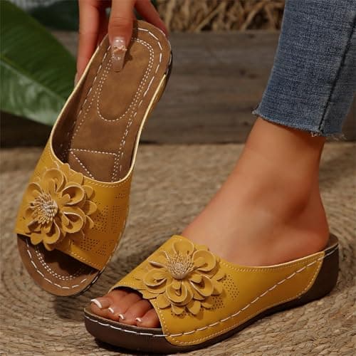 YIzdegg Women's Summer Elegant Arch Support Mules Orthopaedic Summer Sandals Open Cap Sandals Leather Vintage Sandals Summer Shoes Outdoor Leisure Shoes, yellow, 5 UK — view 3