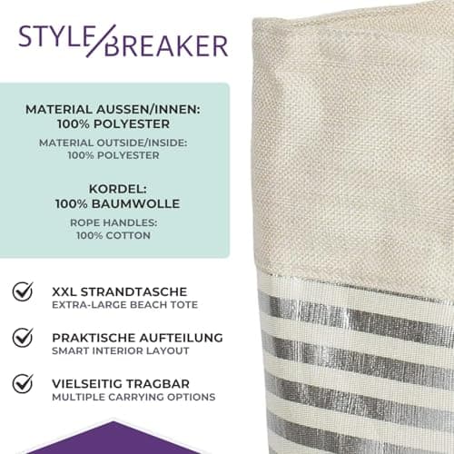 styleBREAKER Womens XXL Metallic Striped Beach Bag,Beige-Silver — view 4