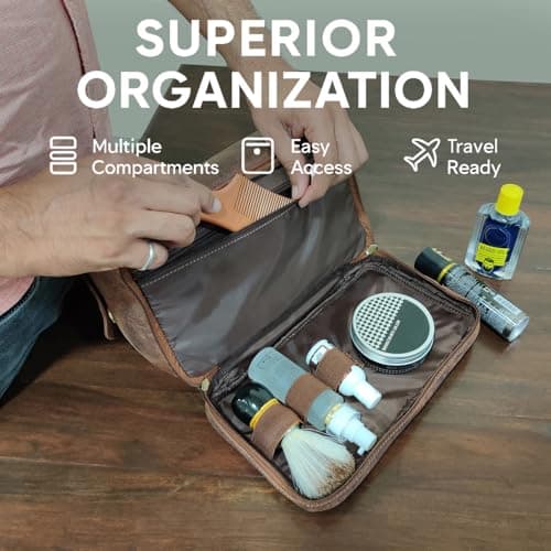 Mens Leather Toiletry Bag - Travel Wash Bag Large Bathroom Gym Toiletries Organizer Shower Makeup Bag by Rustic Town (Brown) — view 3