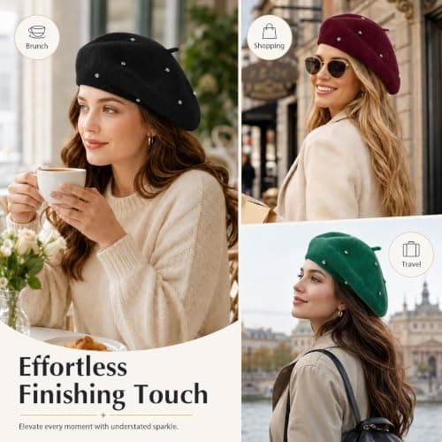 Women Wool Beret with Rhinestones Ladie Solid Color French Style Artist Hat — view 5