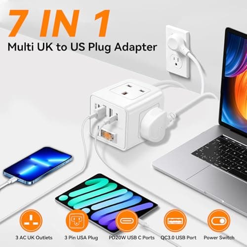 UK to USA Plug Adapter, SHUOMAO 3 Way UK to US Plug Adapter with 4 USB — view 2