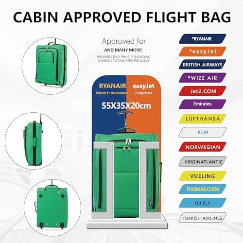 55x40x20 Ryanair Cabin Bag Hand Luggage Lightweight Suitcase Approved Carry on Luggage 1.4kg 44L Fit Green — view 3