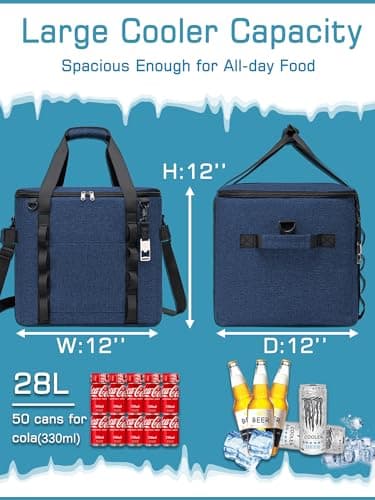 Blue Insulated Soft Cooler Bag 12"x12"x12" Large Leakproof Soft Sided Ice Chest for Travel Beach Camping, 50 Cans Portable Cooler Box for Grocery Shopping, Road Trips — view 2