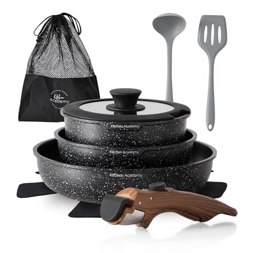 Kitchen Academy Non Stick Cookware Set, 10 PCS with Detachable Handle Black