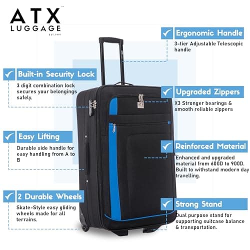 ATX Luggage 55x35x20cm Cabin Suitcase-Lightweight Softshell Carry-ons Approved for Ryanair EasyJet British Airways with 2 Wheels and Built-in Combination Lock (Black/Blue, 48 Liter) — view 2