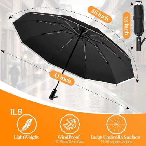ExploreBliss Travel Umbrella Superior, Beautiful & Compact, Large Strong but Light Portable and Automatic Folding Rain Umbrella, Premium Grip, Fits Car & Backpack, Black, 46inch, Compact — view 4