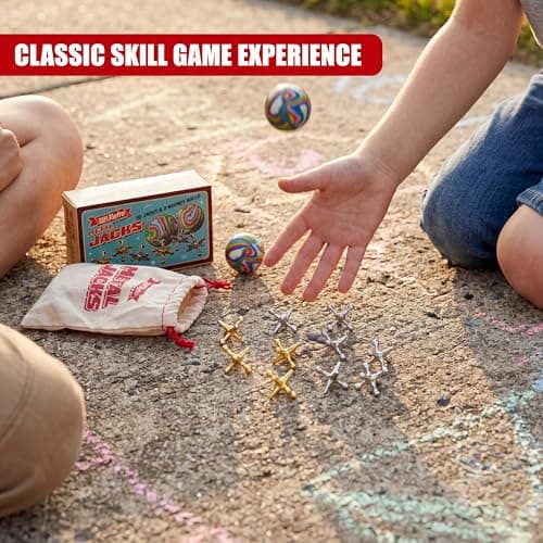 The Magic Toy Shop Retro Jacks Game Set with Balls - Classic Knucklebones Fivestones with 10 Metal Pieces & 2 Bouncy Balls, Traditional Skill Toy - Travel Play, Party Bag Fillers, Kids & Adults — view 5