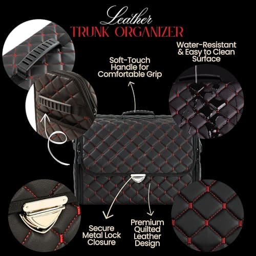 GOSOYO Leather Car Trunk Storage with Lid, Foldable Car Organizer, Boot Storage with Pockets and Dividers, Boot Organizer, Non-Slip Design (Red-Black) — view 2