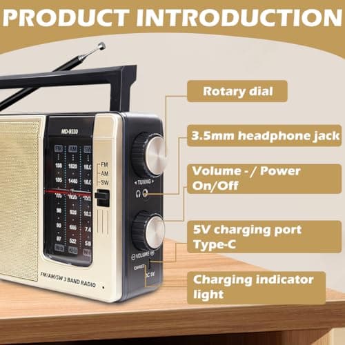 Portable Radio FM AM, Radio Battery Operated & AC Power, Suitcase Radio for Seniors, Medium Wave Radio, Small Radio with Speaker, Simple Senior Radio, Portable Radio for Kitchen & Bedroom — view 3