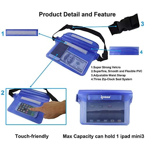 ipow [2 Pack] Waterproof Pouch Bag Case Waist Strap for Beach, Swim, Boating, Kayaking, Hiking, Etc - Protect iPhone, Cellphone, Camera, Cash, Passport, Document from Water, Sand, Snow, Dust and Dirt — view 6