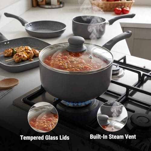 Gr8 Home 9 Piece Non Stick Pan Set with Glass Lids & Steam Vent | Induction Compatible Cookware Set with Handles | Grey Marble Effect Frying Pan, Saucepan & Grill Pan Kitchen Cookware Set — view 5