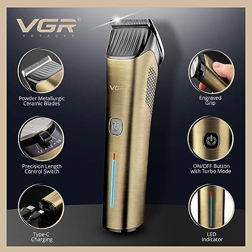 VGR Long Beard Trimmer Men Rechargeable - Cordless Hair Clippers Professional for Head Haircut - USB-C 200 Minutes Electric Battery - Ceramic Blades - 7000 RPM — view 2