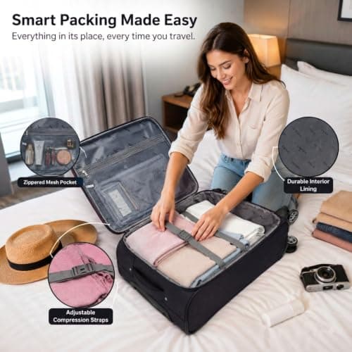 DK Luggage 55x40x20 cm Lightweight Cabin Suitcase for Ryanair, Wizz air, EasyJet, BA, Jet 2 Soft Shell 4 Wheel Spinner Carry on Hand Luggage (WLS Black, 20" Cabin) — view 5