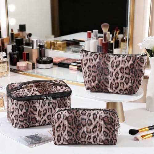 3 Pcs Leopard Print Makeup Bag Set, Dark Brown Travel Cosmetic Bags & Toiletry Organiser for Women, Portable Vanity Case Pouch, Stylish Travel Essentials & Beauty Gifts — view 4