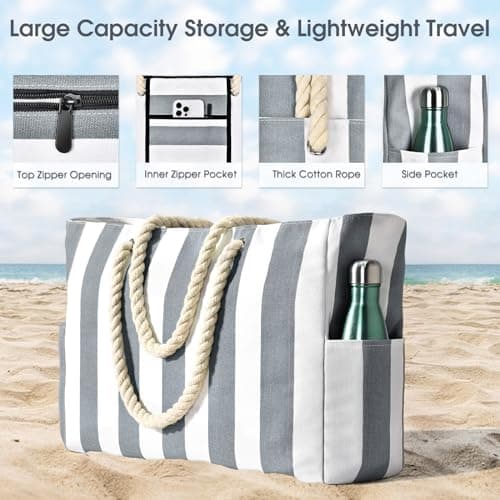 oscaurt Large Beach Bag Stripe Tote Bags for Women Waterproof Shoulder Shopping Handbags with Zip Holiday Travel Essentials for Pool Gym Picnic — view 3