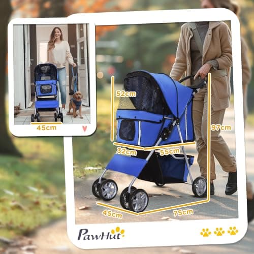 PawHut Pet Stroller for Small Dogs Cats Foldable Travel Carriage with Wheels Zipper Entry Cup Holder Storage Basket Blue — view 3