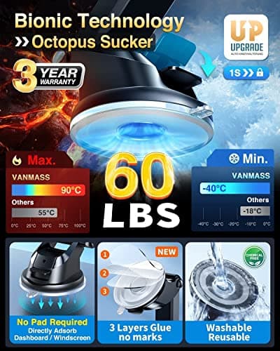 VANMASS Upgraded Super Sticky Suction Cup Mount with Telescopic Arm & 17mm Ball Joint, Replacement for Car Phone Mout, Universal for Dashboard, Window or Any Other Flat Surface (Except for Leather) — view 2