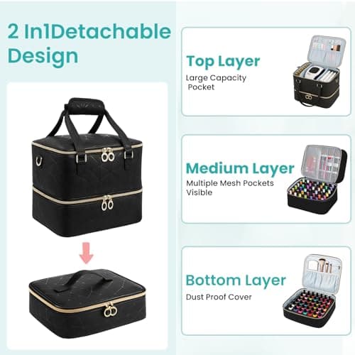 WinHUb Nail Polish Organizer Bag, 3-Tier Large Capacity Nail Storage Case Holds Up to 60 Bottles, PU Leather Manicure Organizer with Shoulder Strap for Nail Lamp & Nail Tech Supplie — view 6