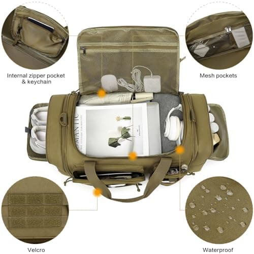 Tonruyn Tactical Duffle Bag Backpack for Men 40-45L Expandable Military Travel Duffel & Sports Holdall Gym Bag with Shoe Compartment Wet Pocket Medium Weekender Overnight for Camping Luggage, Brown — view 5