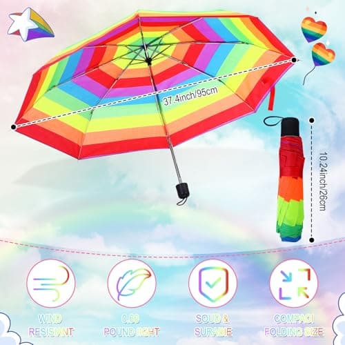 Cunno 12 Pc Rainbow Umbrella Portable Tri Folded Pride Umbrella Windproof Compact Rain Parasol for Travel Beach Wedding Party (Vibrant) — view 4