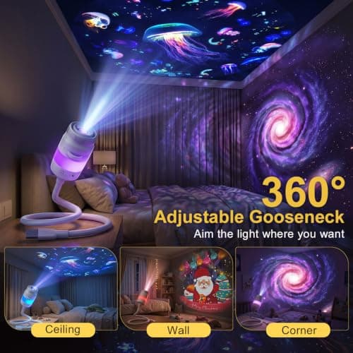 HD Smart Dynamic 5D Holographic Night Light Projector, Smart HD with 13 Films, 3-in-1 USB Plug & Play 360° Adjustable Ceiling Projector for Bedroom, Car & Ocean Starry Sky — view 6
