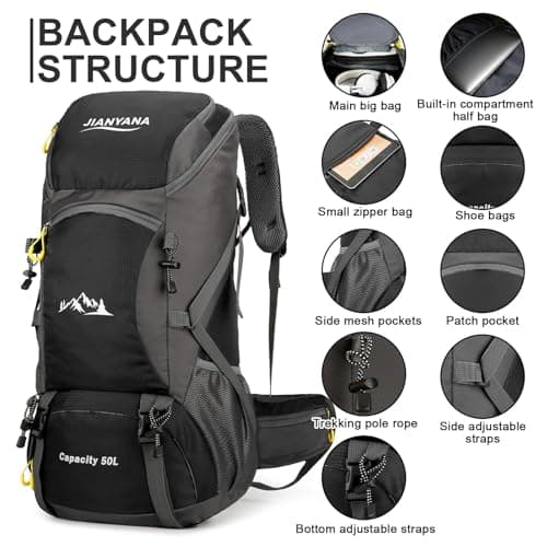 jianyana Hiking Backpack Waterproof 50L Foldable Rucksack Durable Lightweight Camping Bag with Rain Cover for Camping Trekking Hiking Walking Cycling Climbing Outdoor Sports for Women Men(Black) — view 4