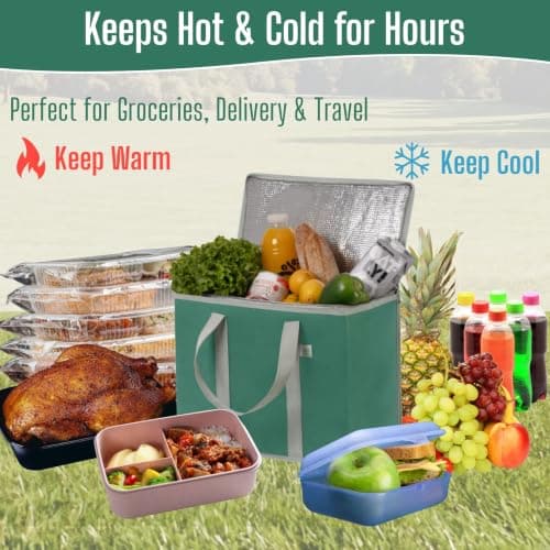 VENO 2Pcs Reusable Cooler Bag, Large Cooler Bag with Lid, Durable Handles, Double Zippers, Stand-up Shopping Bag, Foldable Lunch Bag, Picnic Bags (Dark Green, 2PCS) — view 6