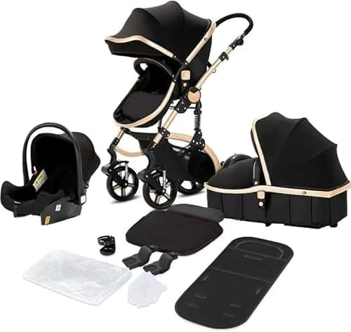 Baby Buggy, Baby Pram, Pushchair, 3 in 1 Travel System, Foldable Stroller, Lightweight Folding All in One Stroller, Portable Baby Carriage for Newborns and Toddlers, Aluminium Frame, Black - Rose Gold